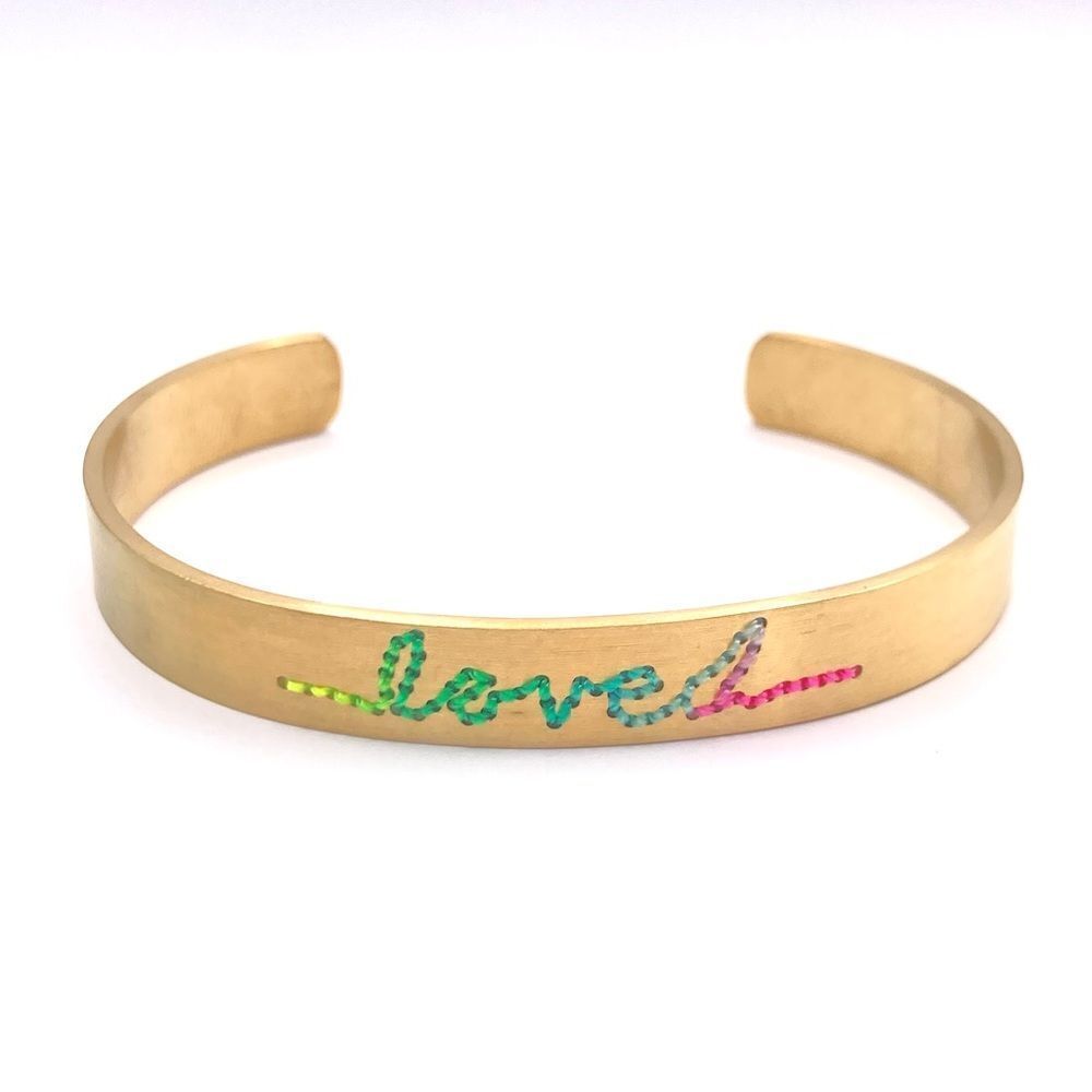 Gold Colorful Loved Threaded Message Cuff Bracelet